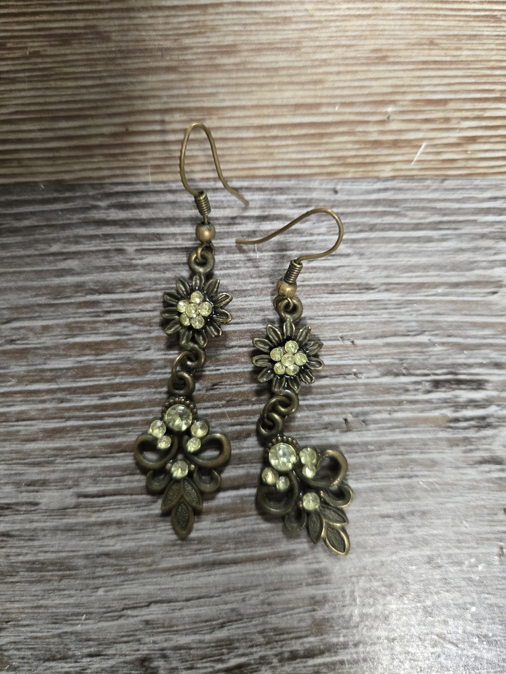 Unbranded Antique-Brass Floral Drop Earrings with Pale Green Stones